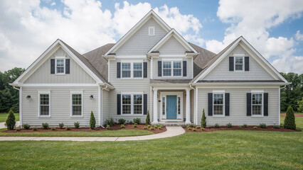 Elegant suburban home with manicured lawn and blue door