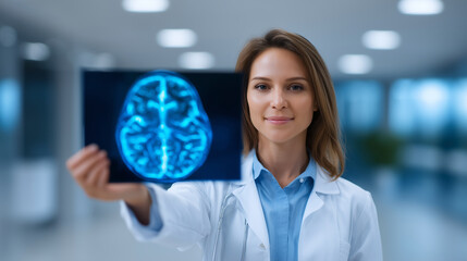 close-up of neurologist holding brain CT image, medical specialist reviewing patient data in hospital, healthcare and diagnostic imaging, professional female doctor neurologist, ra