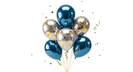 Blue and gold confetti balloons bouquet with golden ribbons isolated on white background perfect for celebrations and party decorations