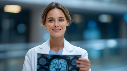 close-up of neurologist holding brain CT image, medical specialist reviewing patient data in hospital, healthcare and diagnostic imaging, professional female doctor neurologist, ra
