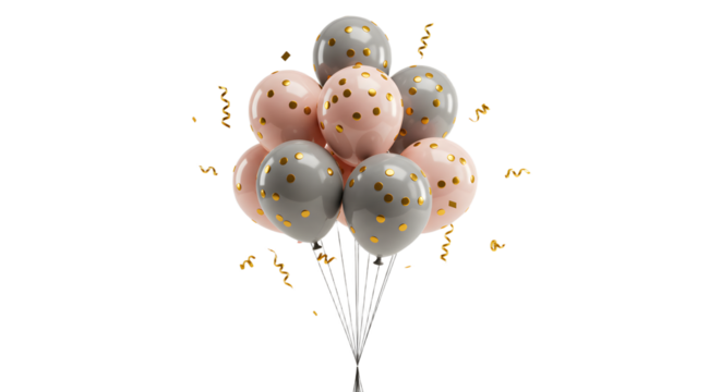 Bouquet of pink and gray balloons with gold confetti and ribbons, festive decoration perfect for celebrations and parties