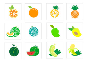 fruit icons set, A set of brightly colored tropical fruits icons featuring oranges, pineapples, melons, mangoes, watermelons, and bananas.