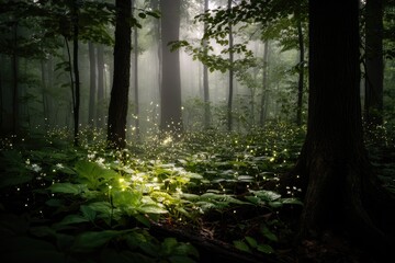 Obraz premium Misty forest floor, glowing fireflies