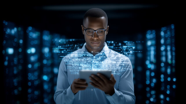 software engineer managing big data system with AI-powered digital tools, futuristic server room background, dynamic data flow lines and code overlay, advanced analytics concept AI
