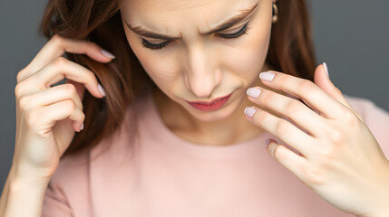 Woman checking head skin, damaged dry hair ends, dissatisfied by hairstyle, stressed girl worried by beauty problem, losing hair in need of treatment, trichology diagnosis, scalp disorder, diseases