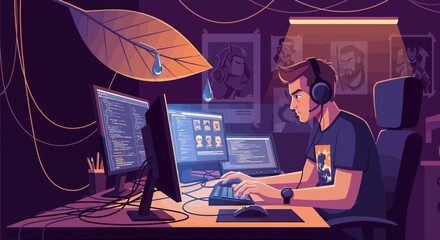 Night Coding Session: A Programmer Immersed in Digital Development with Nature's Touch