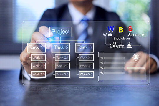WBS work breakdown structure concept with businessman write a pen to analyze project task to break down work details on virtual screen interface