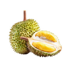 Fototapeta premium Two durians, one whole and one halved, displaying spiky green skin and bright yellow flesh