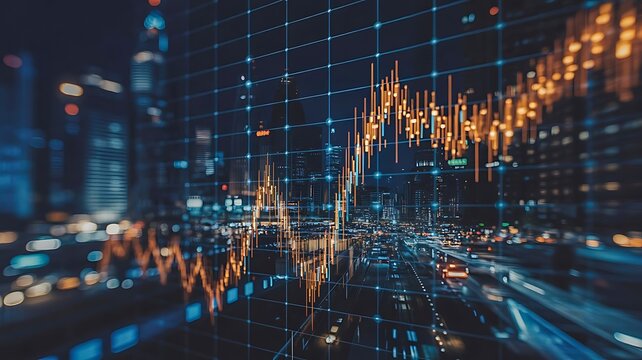 Financial Stock Market Graph Over City Skyline at Night