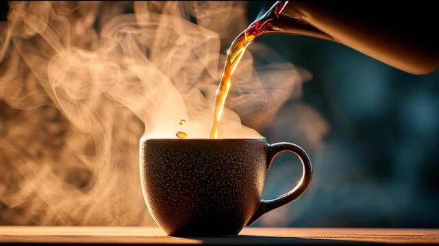 Pouring Hot Coffee into Ceramic Mug with Steam Rising, Creating Warm and Inviting Atmosphere