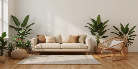 Interior, empty wall mockup of cozy living room with a comfortable sofa, rattan chair, and lush indoor plants, creating a bohemian and natural ambiance 3d render real template