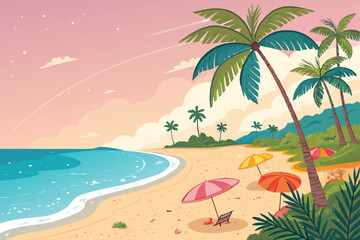 Summer Beach Backgrounds Vector – Tropical Seaside Landscape with Ocean Waves, Sand, Palm Trees, Sunset Sky, Vacation Theme Illustration for Travel, Holiday, and Nature Design Projects

