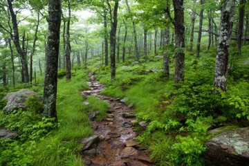 Obraz premium Lush, misty forest trail winding through green foliage