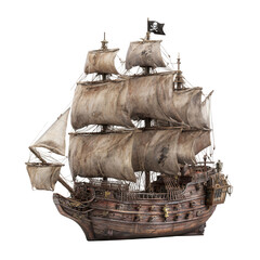 Detailed model of a pirate ship.  Aged wood, sails, and a black flag