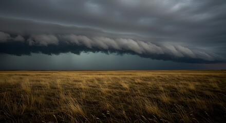 Vast, ominous storm clouds hover over a golden prairie landscape.