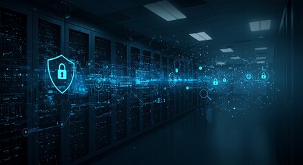 A server room secured by a shield and padlock graphic, highlighting network data protection.