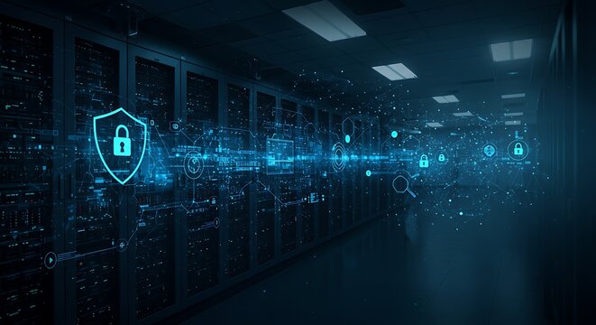 A server room secured by a shield and padlock graphic, highlighting network data protection.