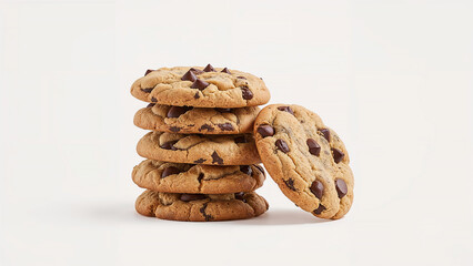 Stack of delicious chocolate chip cookies on white background