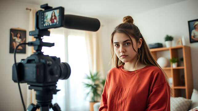 Unhappy influencer using filming equipment to do video for subscribers ranting about life problems. Upset teenager films herself for audience in apartment, doing critique, frowning - Powered by Adobe