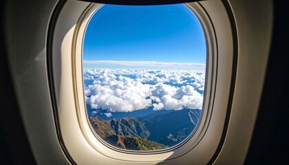 Fototapeta premium View from Airplane Window – Aerial Scene of Mountains and Clouds from Plane Window during Daylight Flight