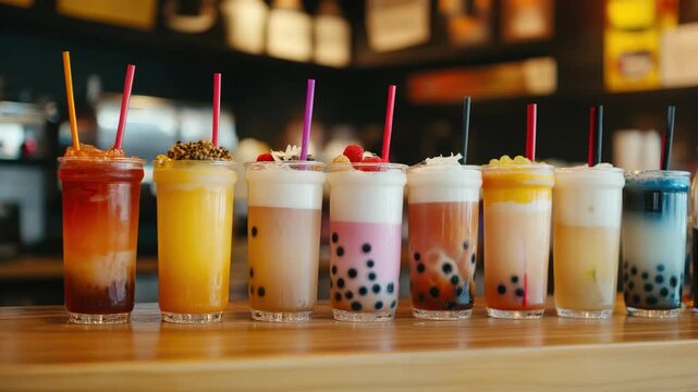 A collection of refreshing and colorful bubble teas, smoothies, and cold drinks, each served with a vibrant straw for a fun visual appeal.