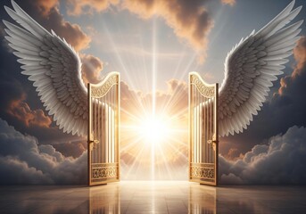 Heavenly gates open to bright light with angel wings
