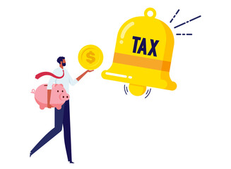 Individual income tax payment notification, revenue calculation for withholding tax, reminder from government concept. shaking bell with engraved word TAX to notify businessman