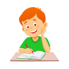 Happy Little Cartoon Boy Student Writing Homework in a Notebook or Textbook