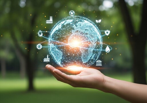 Global network technology held in hand with eco icons