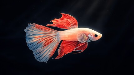 Naklejka premium Graceful Betta Fish with Vibrant Red and Blue Fins Swimming Elegantly in a Dark Aquatic Environment