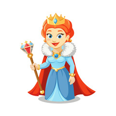 Smiling Cartoon Queen Character with Crown, Royal Scepter, and Blue Gown