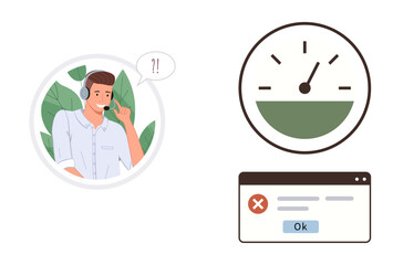 Customer support agent wearing headset expressing surprise, error message popup, and performance indicator. Ideal for customer service, communication, tech support, troubleshooting, IT issues