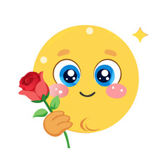 Cute Romantic Emoji Giving a Red Rose with Shiny Eyes and Blushing Cheeks