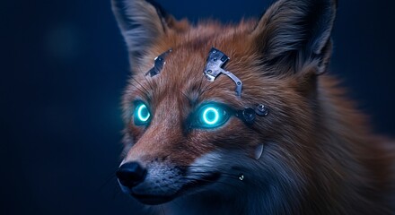 Naklejka premium Cybernetic Fox Glowing Eyes Dark Background
