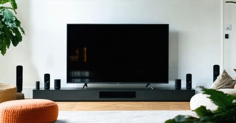 Modern living room features large television, sound system, comfortable seating, plants. Minimalist design creates relaxing atmosphere.