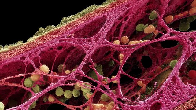 Crosssectional footage of cardiac muscle illustrating structural damage from lysosomal glycogen ballooning in metabolic storage disorder.