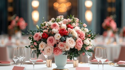 Exquisite floral bouquet of roses and other blooms creates a centerpiece of sophistication and elegance on a formal dining table