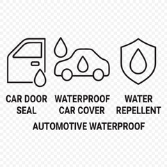 Automotive Waterproof Icons Set – Car Door Seal, Waterproof Car Cover, Water Repellent Symbols, car door seal, waterproof car cover, water repellent, car protection, vehicle icon, waterproof icon,