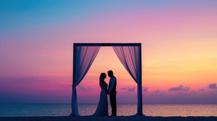 Romantic silhouette of a loving couple embracing during a renewal of vows ceremony with a beautiful sunset backdrop by the ocean