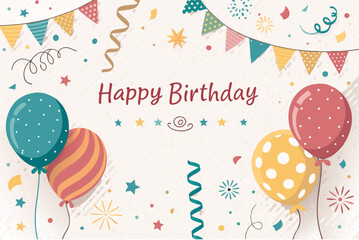 Fototapeta premium Colorful Happy Birthday Greeting Card Background Vector – Festive Celebration Design with Balloons, Confetti, Typography, Party Elements, Ideal for Invitations and Social Media Graphics