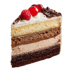Chocolate and vanilla layered cake slice with berries