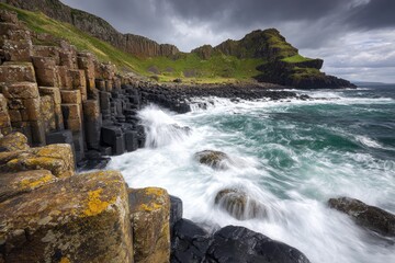 Dramatic basalt columns, crashing waves, rugged coastline under a stormy sky