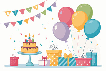 Colorful Happy Birthday Greeting Card Background Vector – Festive Celebration Design with Balloons, Confetti, Typography, Party Elements, Ideal for Invitations and Social Media Graphics


