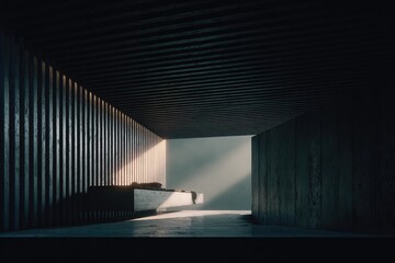 Dark, modern interior space with wooden panels and concrete walls. Light streams from the back