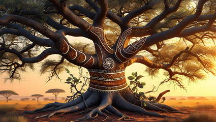 African Tree of Life with Tribal Patterned Bark – Cultural Symbolism and Nature Illustration
