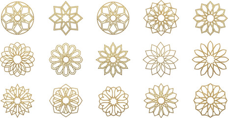 Vector art of collection of golden geometric islamic patterns and floral ornaments isolated on white background transparent background