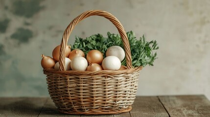 Close up shot of a wicker basket filled with a variety of freshly harvested organic vegetables such as leafy greens onions and mushrooms arranged on a wooden table  The image showcases the natural