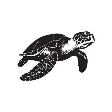 A black and white silhouette of a sea turtle swimming. The turtle's shell and skin are rendered in a high-contrast style, highlighting the intricate patterns and textures.