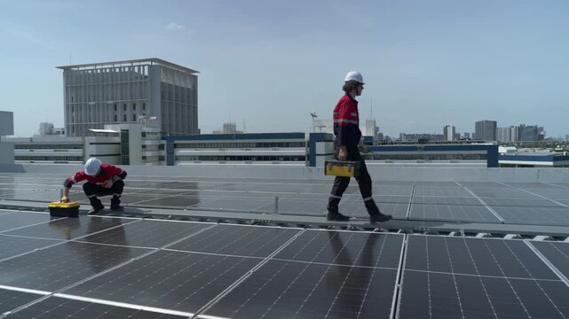 Technician Examining Rooftop for Installing Solar Panels, Showcasing Teamwork in Sustainable Energy Solutions and Effective Renewable Energy Implementation