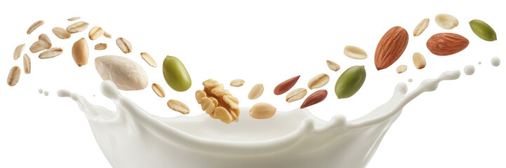 Assorted nuts and seeds splash into milk isolated on transparent background